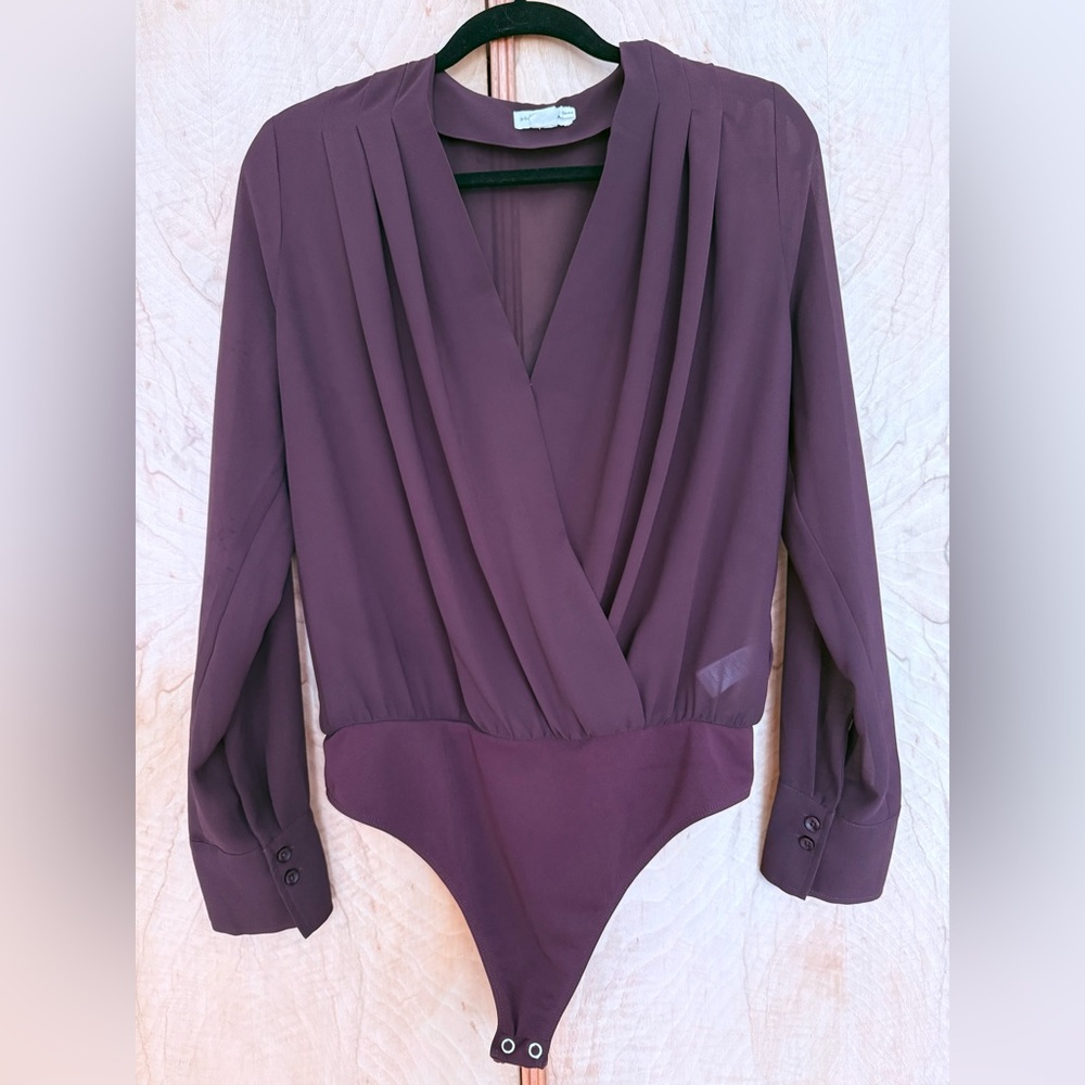 Good American Wrap Sheer Draped Longsleeve Bodysuit Burgundy NWOT